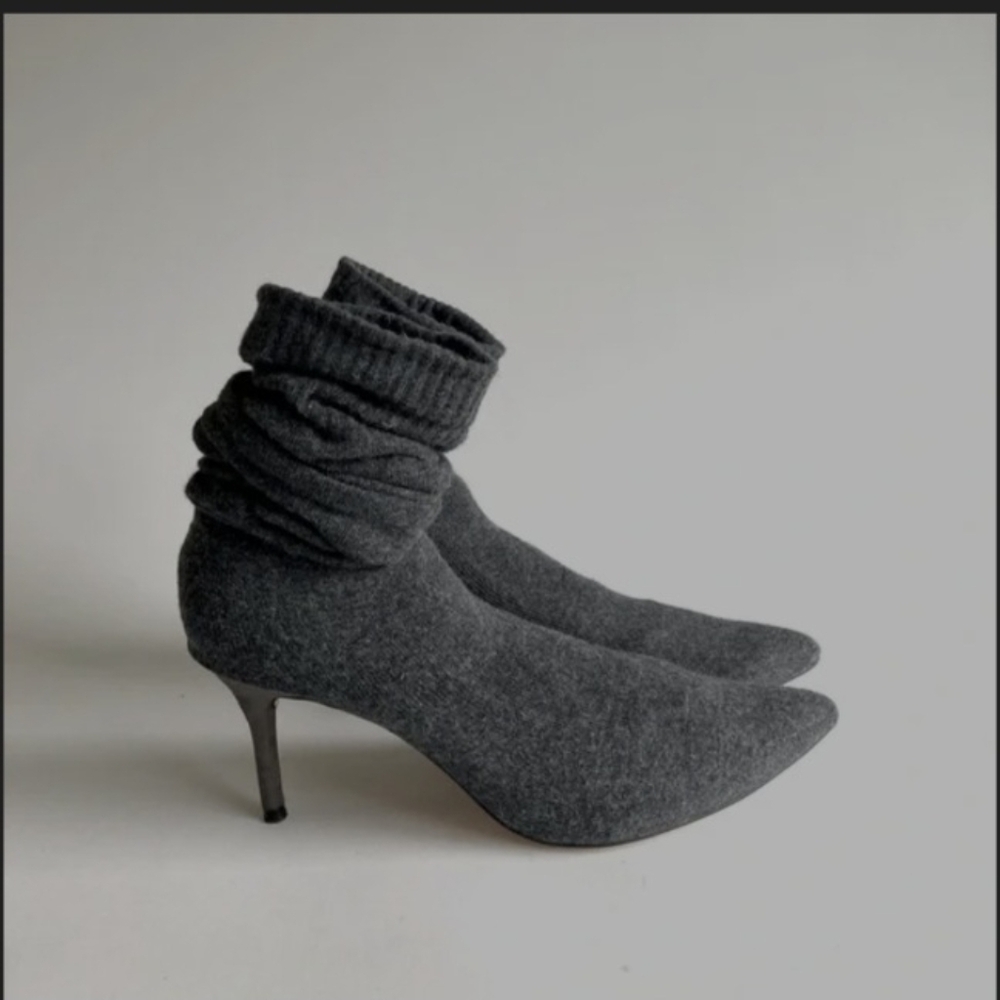 Zara Grey Jersey Knitwear Stocking Point Toe Knee High Heeled Boots size NWT 7.5